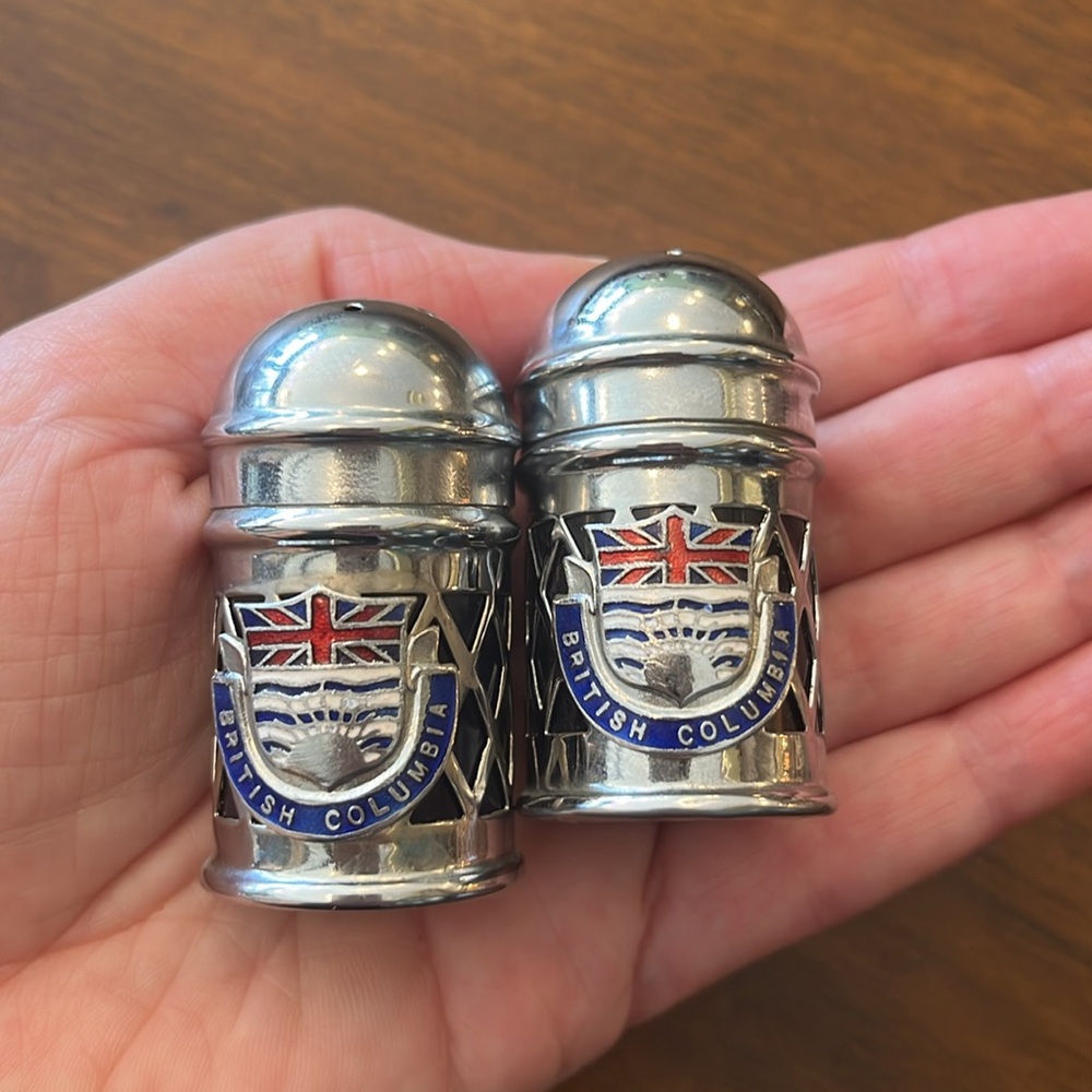 Vintage British Columbia metal salt and pepper shakers